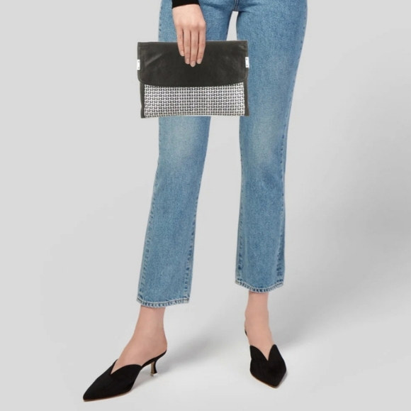 Stuart Weitzman Leather Clutch with Fold-Over Flap, Black/White - Picture 11 of 11